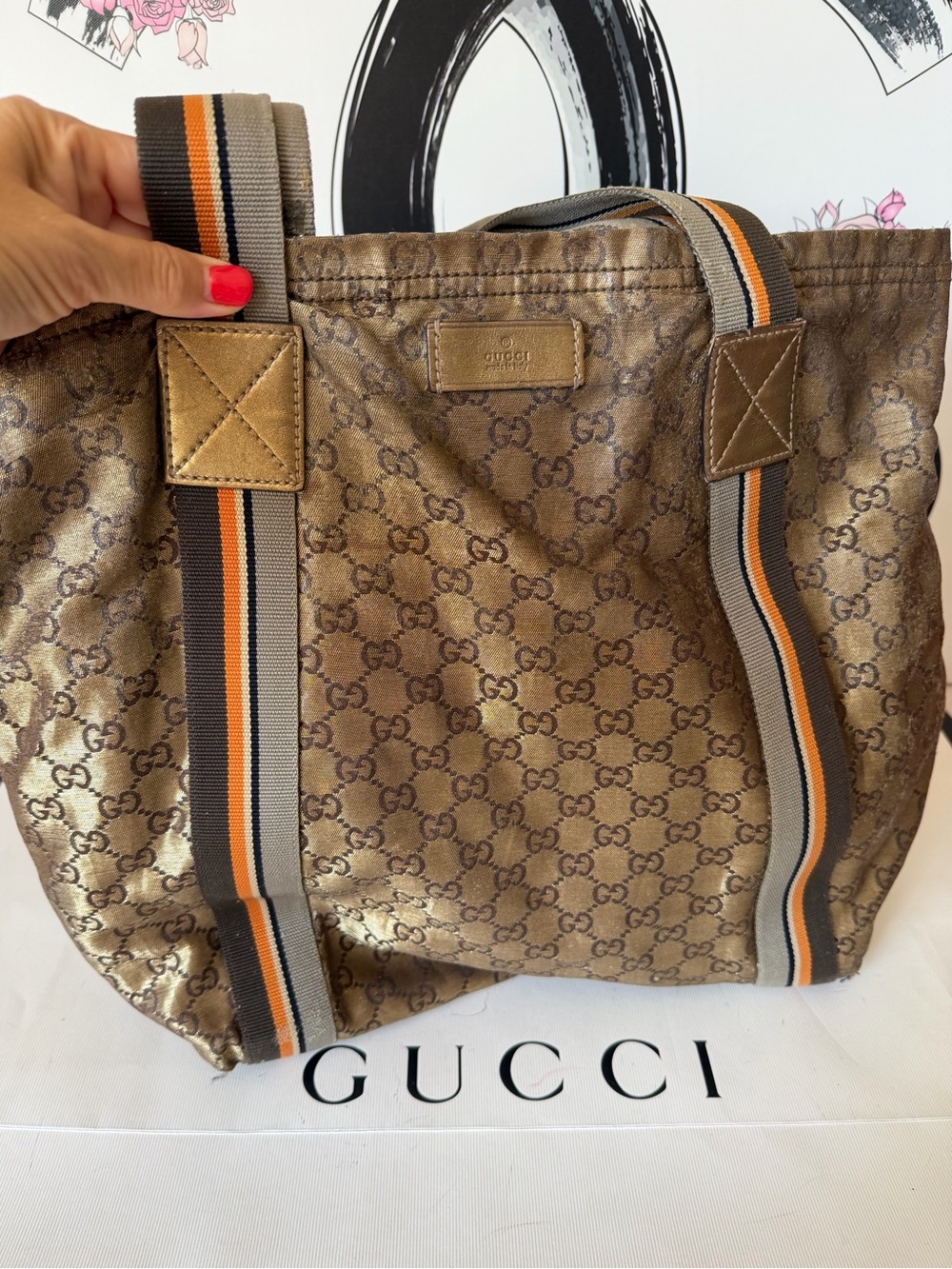 GUCCI Vintage Crystal Coated Canvas GG Logo Web Tote Bag - Picture 14 of 16